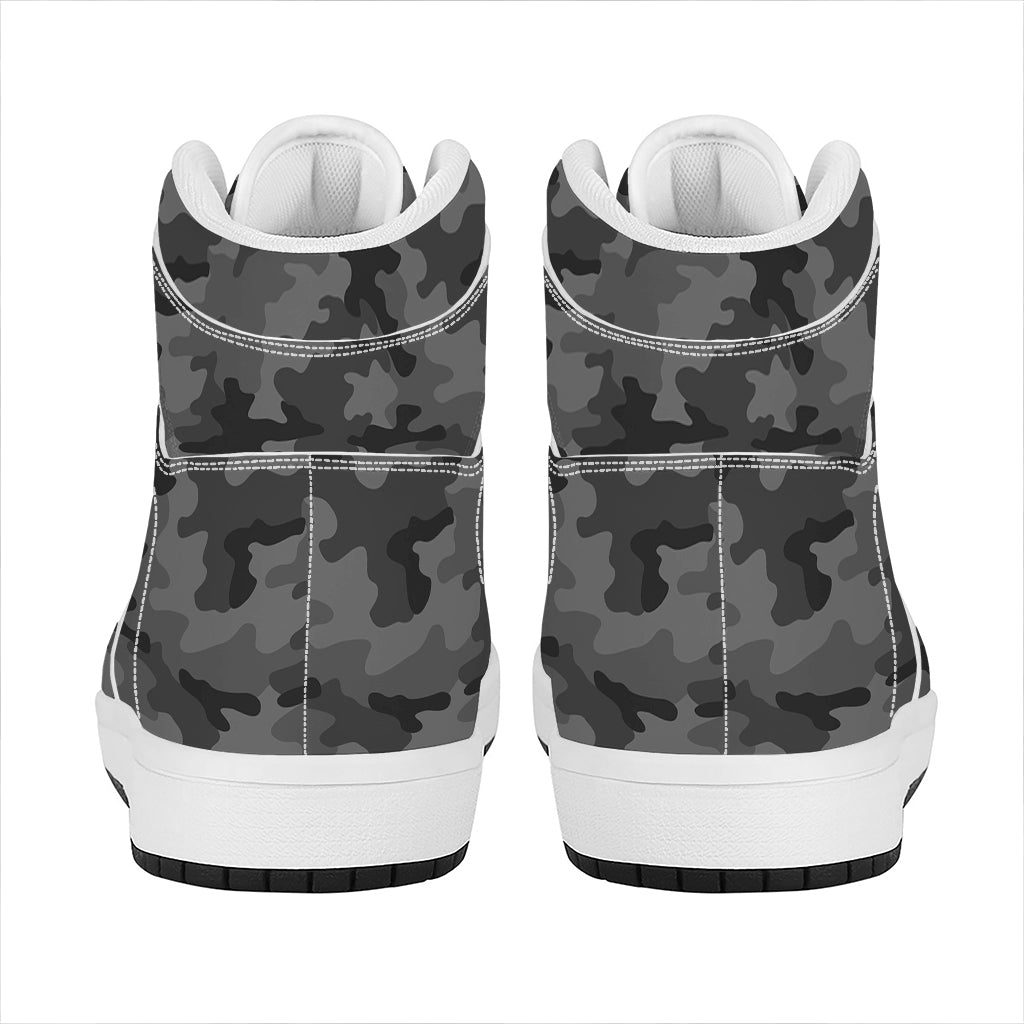 Black And Grey Camouflage Print High Top Leather Sneakers