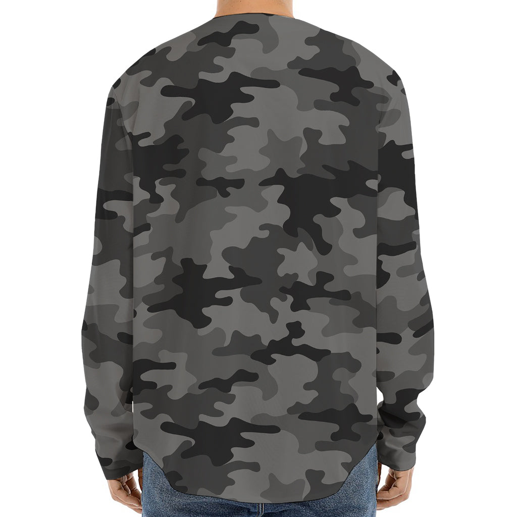 Black And Grey Camouflage Print Long Sleeve Baseball Jersey