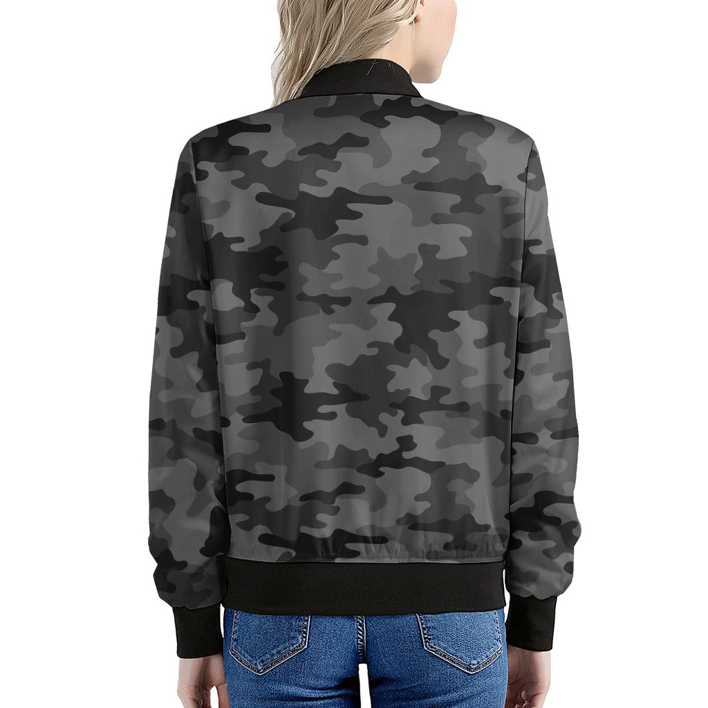 Black And Grey Camouflage Print Women's Bomber Jacket