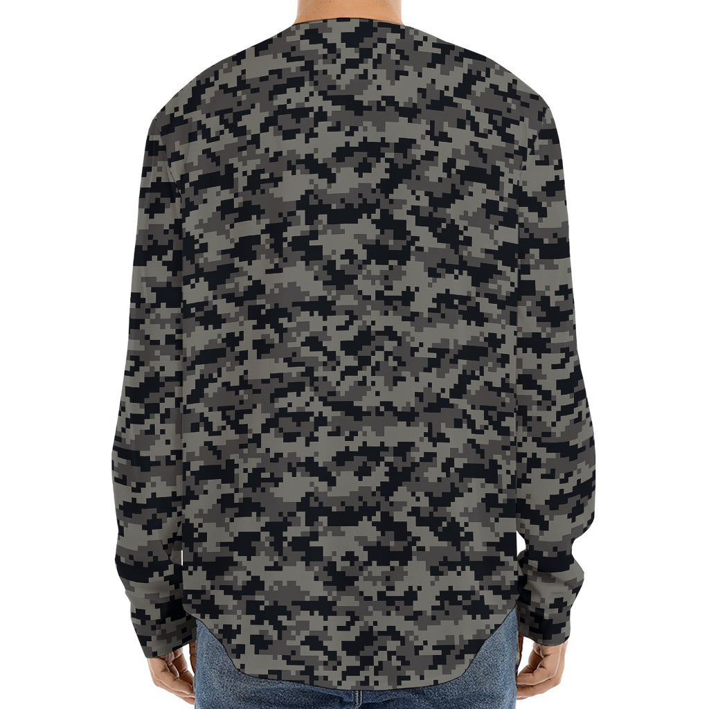 Black And Grey Digital Camo Print Long Sleeve Baseball Jersey