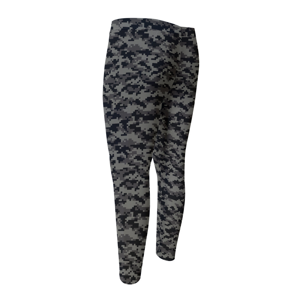 Black And Grey Digital Camo Print Men's Compression Pants
