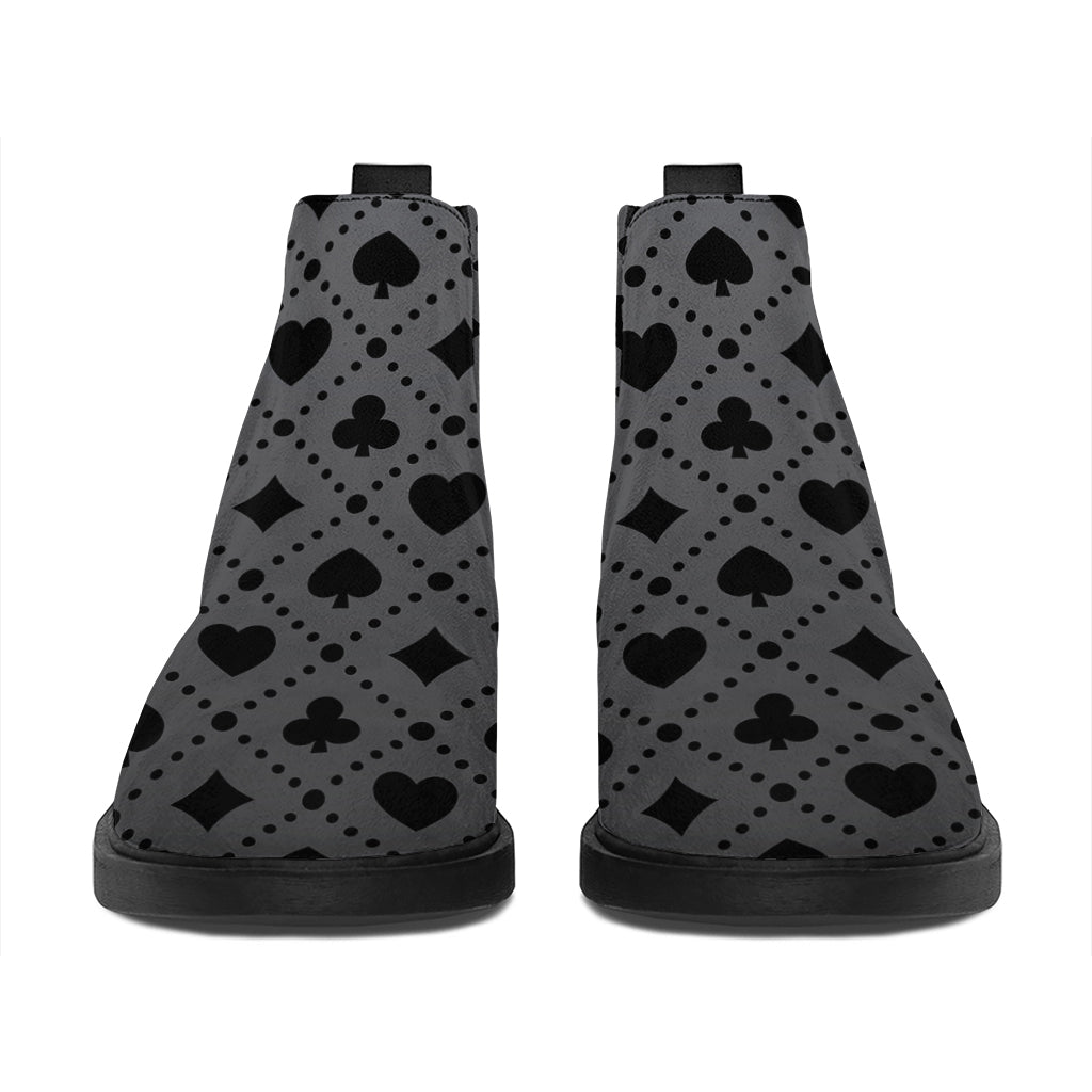 Black And Grey Playing Card Suits Print Flat Ankle Boots
