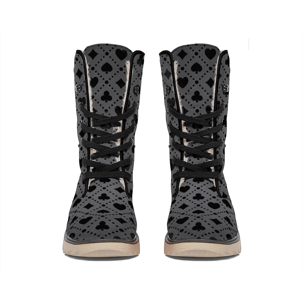 Black And Grey Playing Card Suits Print Winter Boots