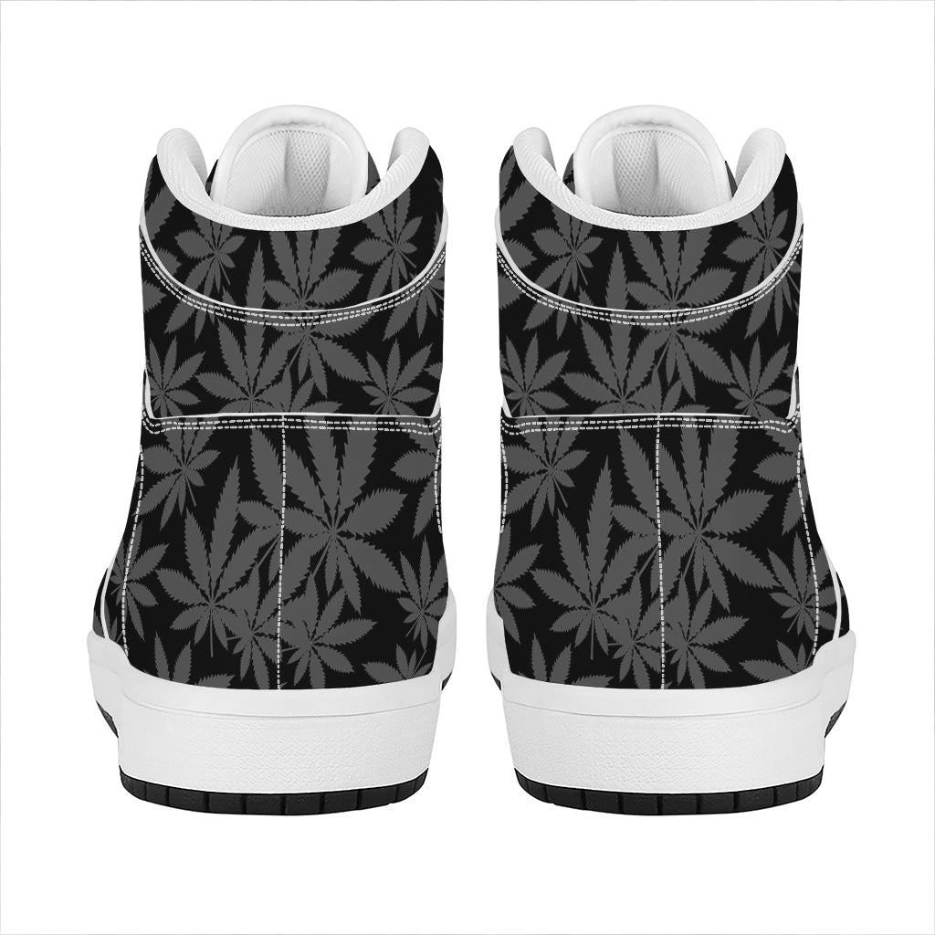 Black And Grey Pot Leaf Pattern Print High Top Leather Sneakers