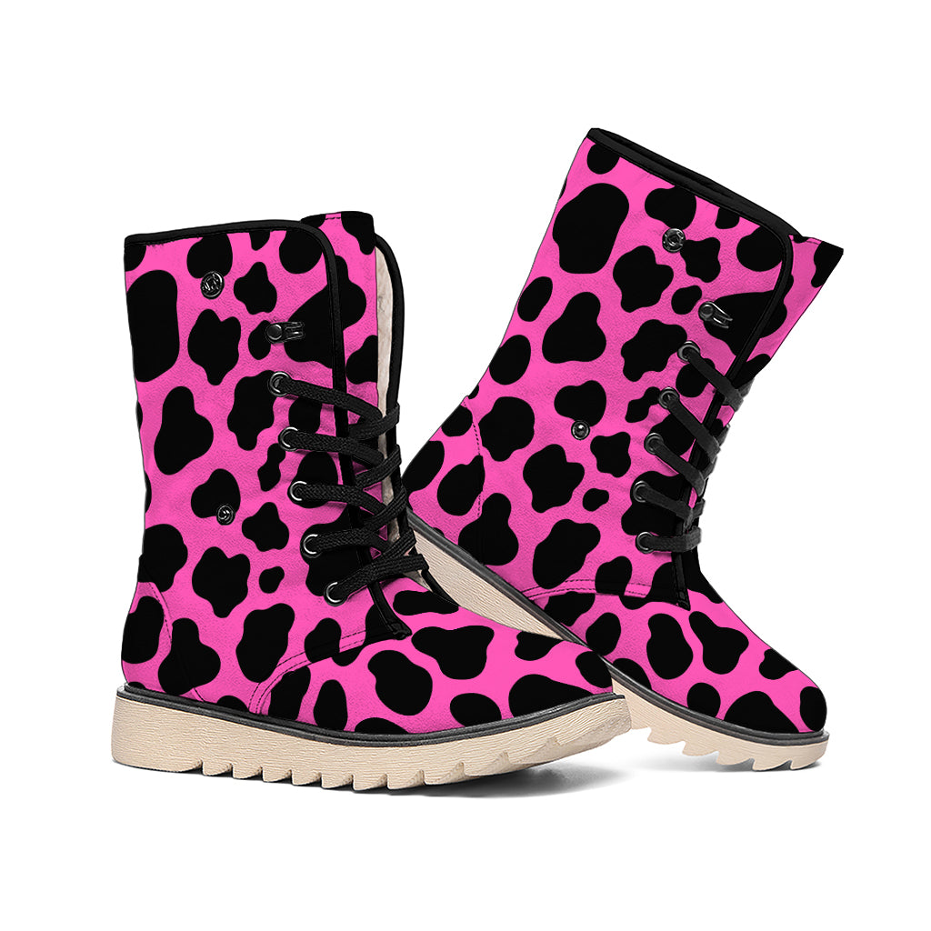 Black And Hot Pink Cow Print Winter Boots