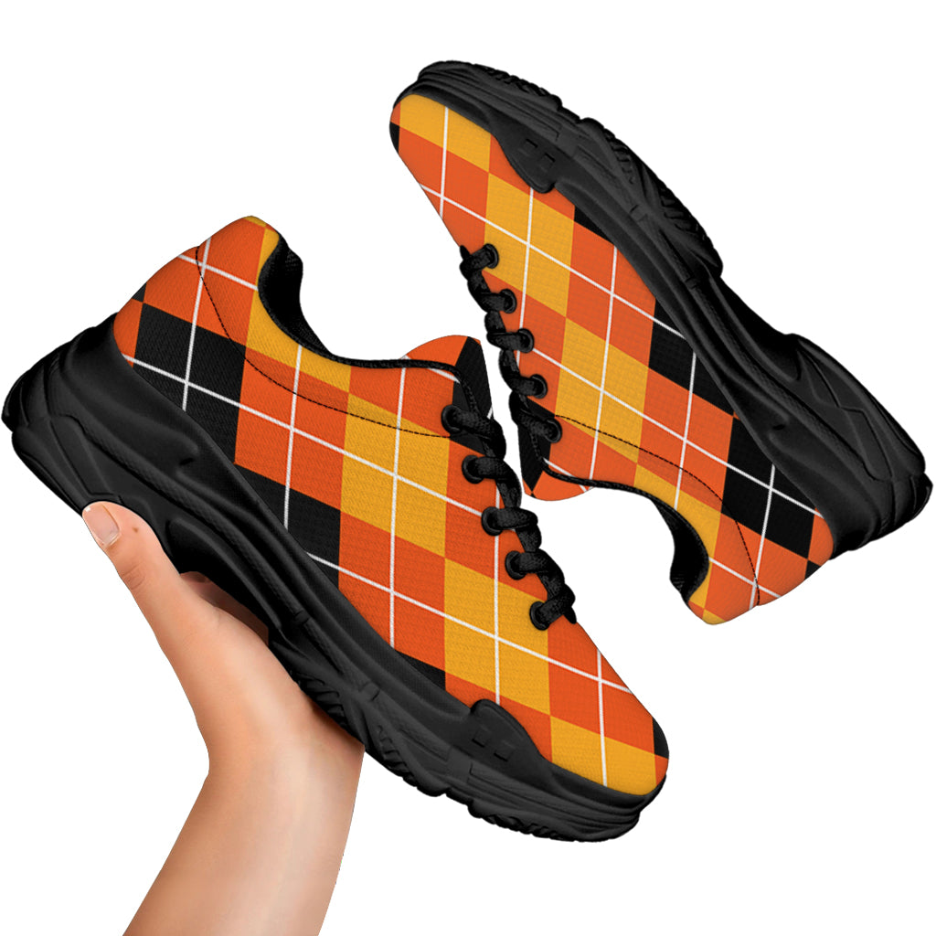 Black And Orange Argyle Pattern Print Black Chunky Shoes