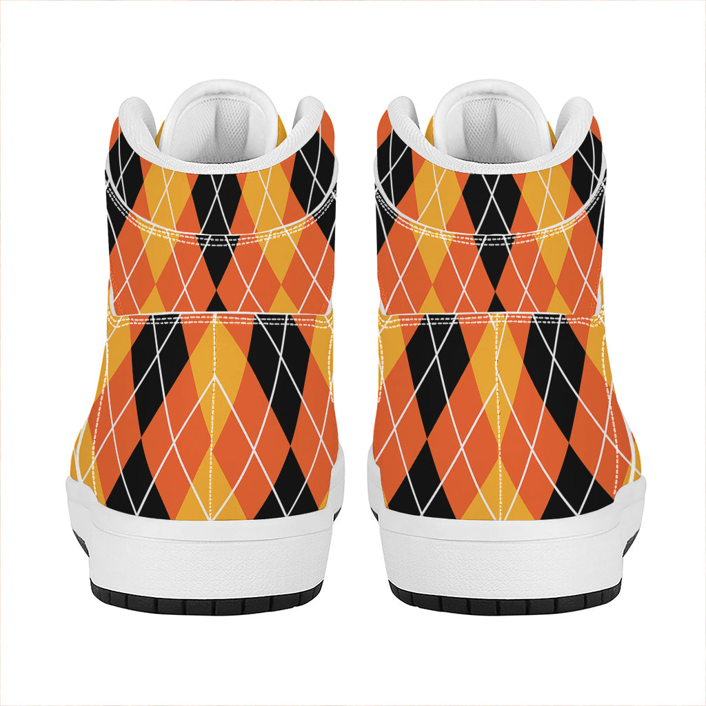 Black And Orange Argyle Pattern Print High Top Leather Sneakers