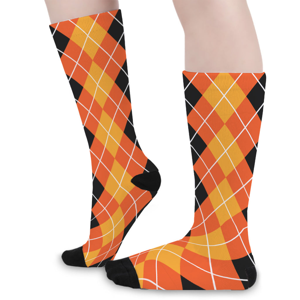 Black And Orange Argyle Pattern Print Long Socks
