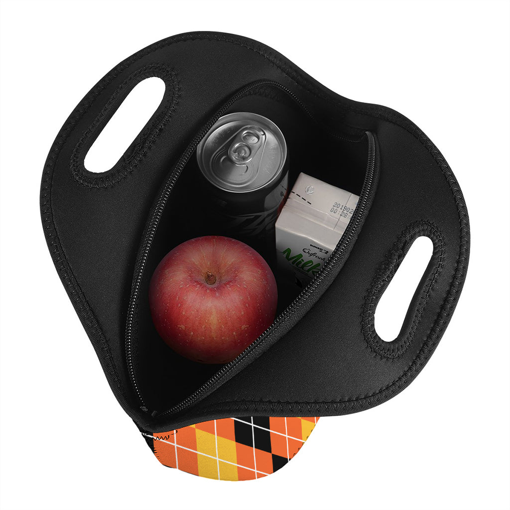 Black And Orange Argyle Pattern Print Neoprene Lunch Bag