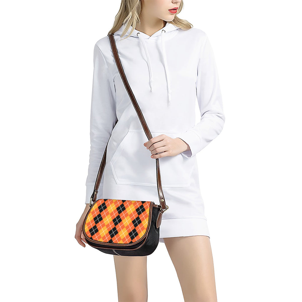 Black And Orange Argyle Pattern Print Saddle Bag