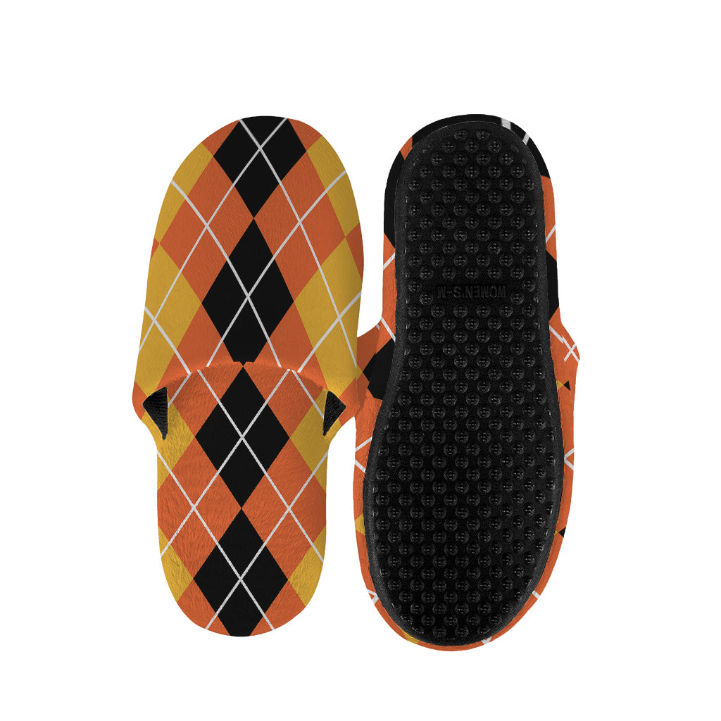 Black And Orange Argyle Pattern Print Slippers