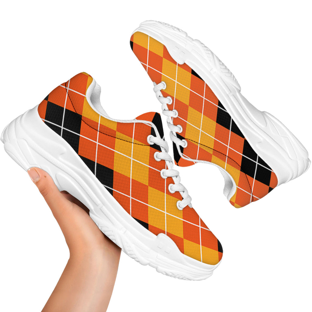Black And Orange Argyle Pattern Print White Chunky Shoes