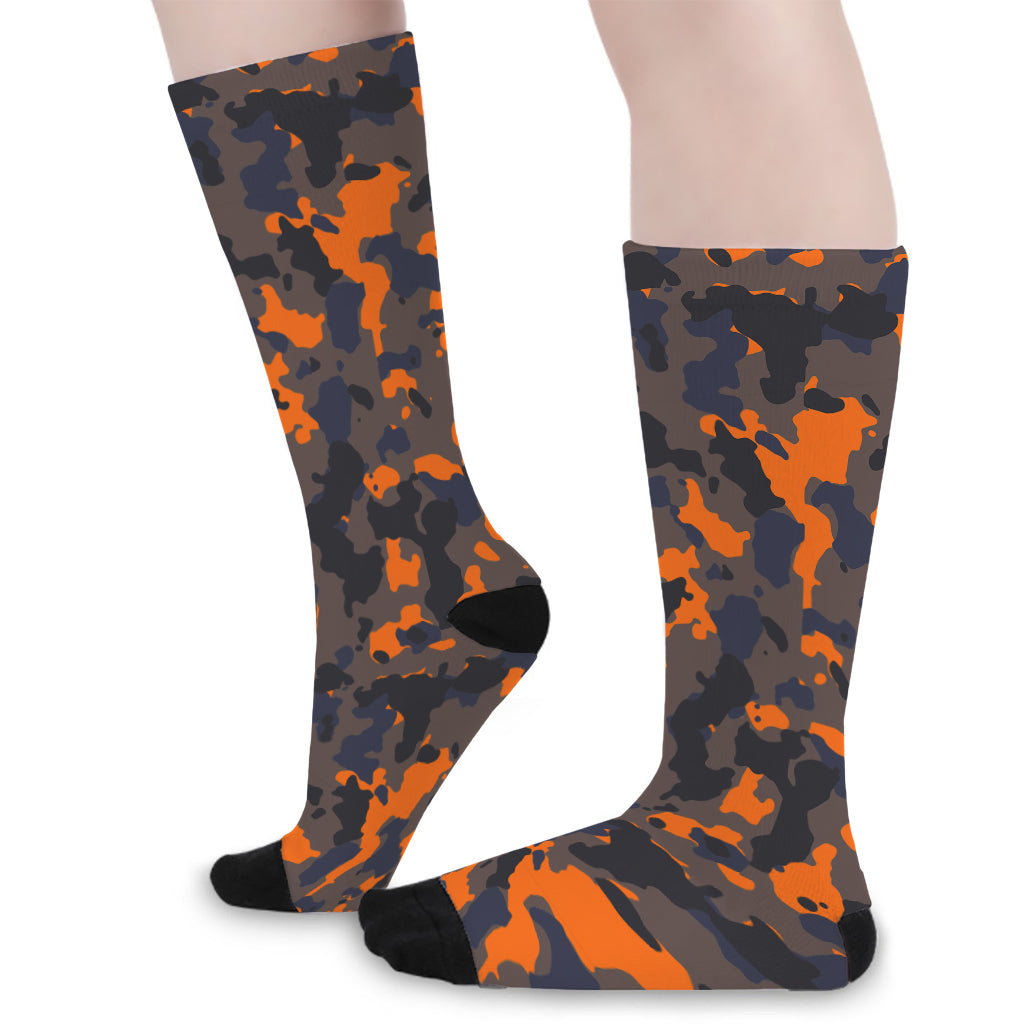 Black And Orange Camouflage Print Long Socks