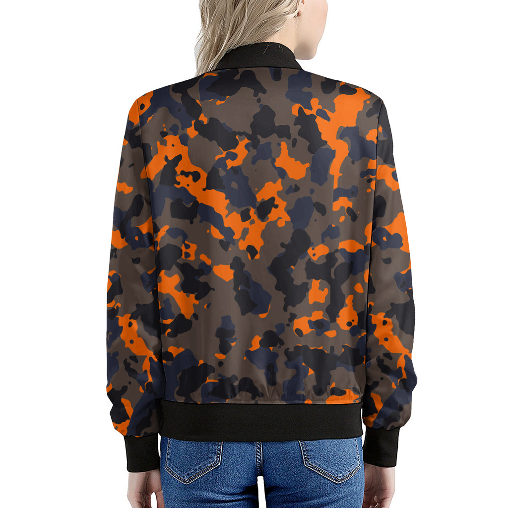 Black And Orange Camouflage Print Women's Bomber Jacket