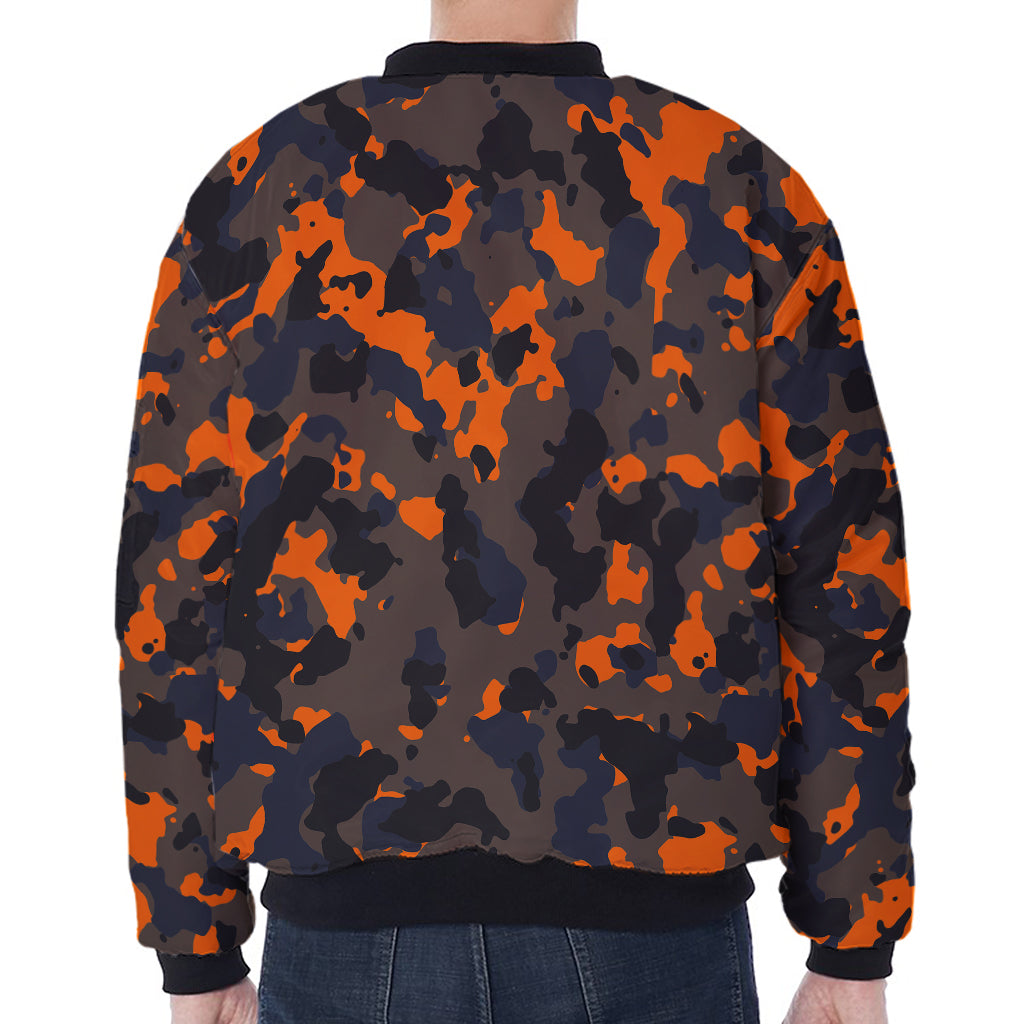 Black And Orange Camouflage Print Zip Sleeve Bomber Jacket