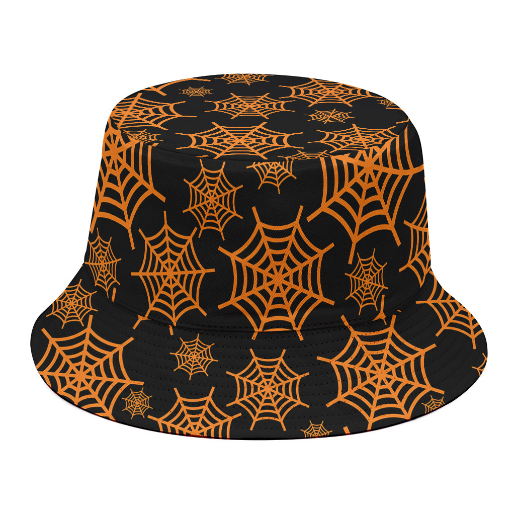 Black And Orange Spider Web Print Bucket Hat