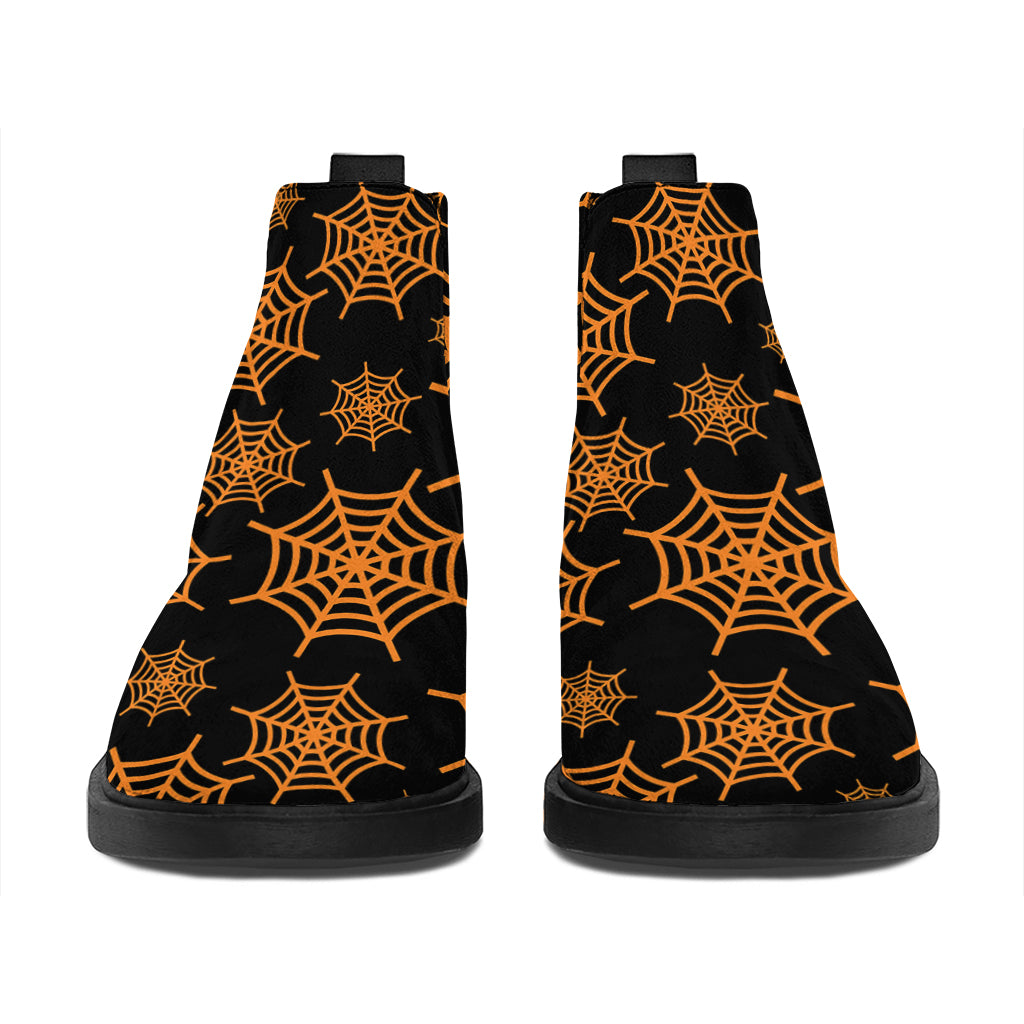 Black And Orange Spider Web Print Flat Ankle Boots