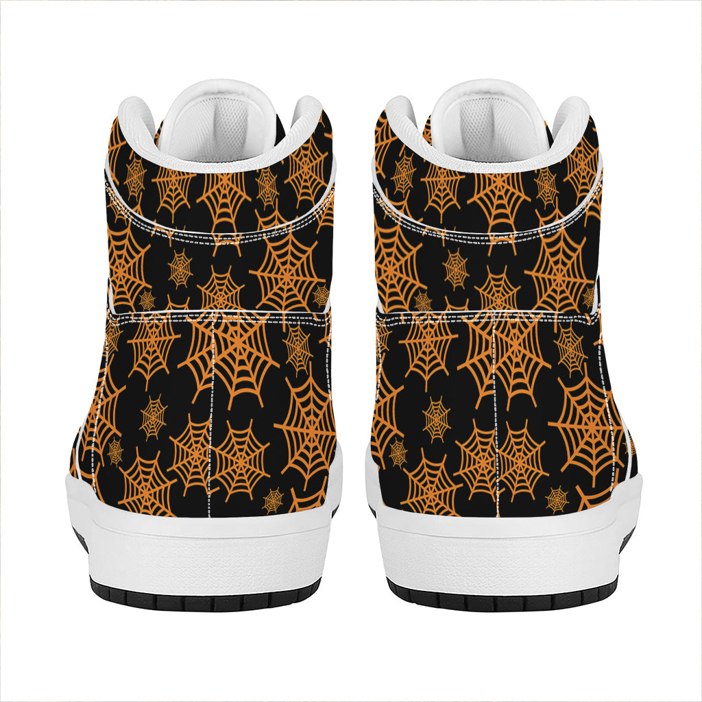 Black And Orange Spider Web Print High Top Leather Sneakers