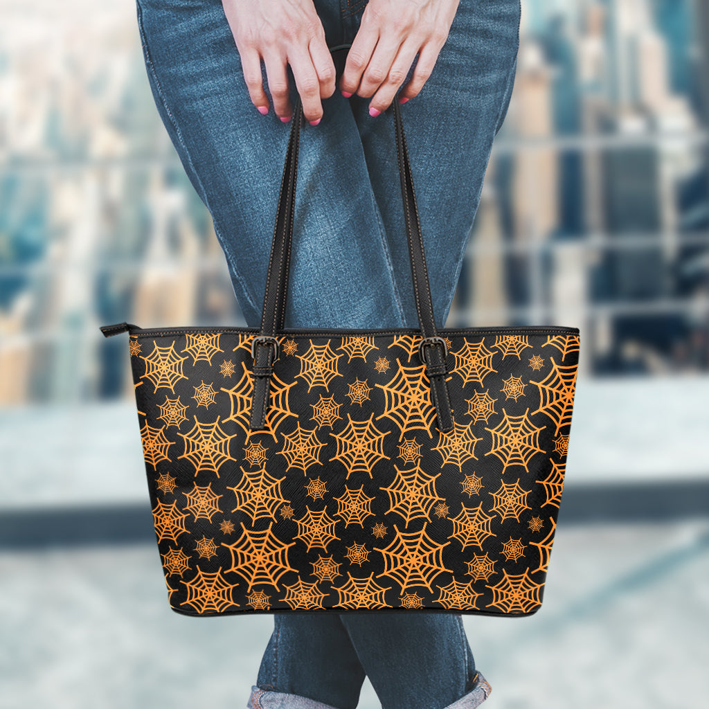 Black And Orange Spider Web Print Leather Tote Bag