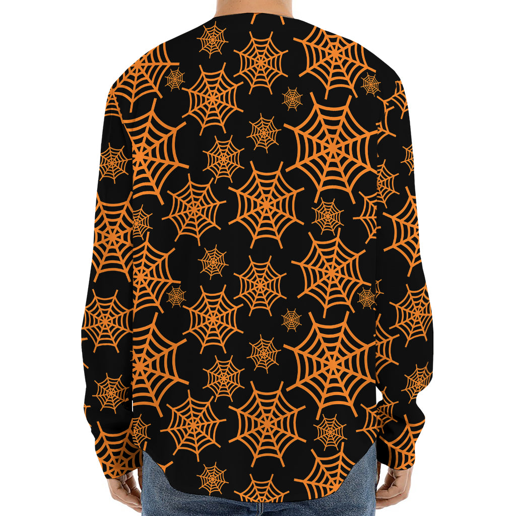 Black And Orange Spider Web Print Long Sleeve Baseball Jersey
