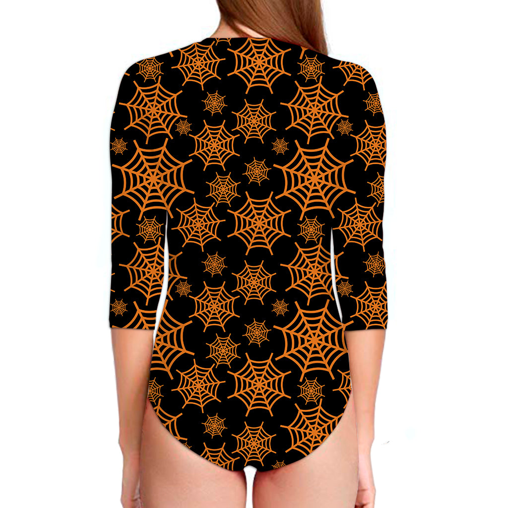 Black And Orange Spider Web Print Long Sleeve Swimsuit
