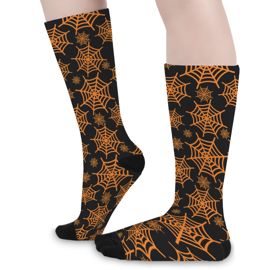 Black And Orange Spider Web Print Long Socks