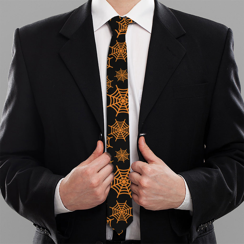 Black And Orange Spider Web Print Necktie