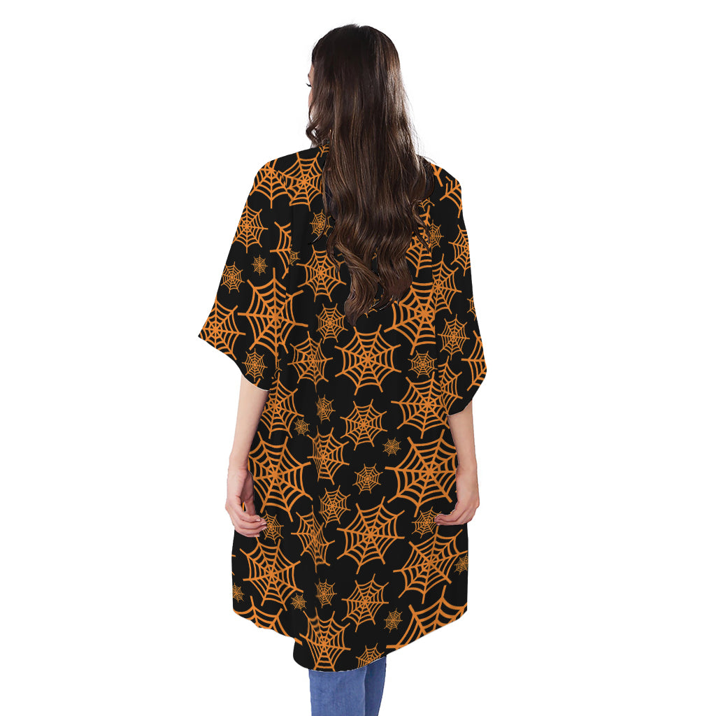 Black And Orange Spider Web Print Open Front Beach Cover Up