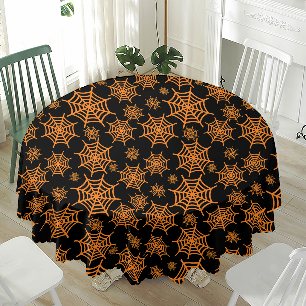 Black And Orange Spider Web Print Waterproof Round Tablecloth