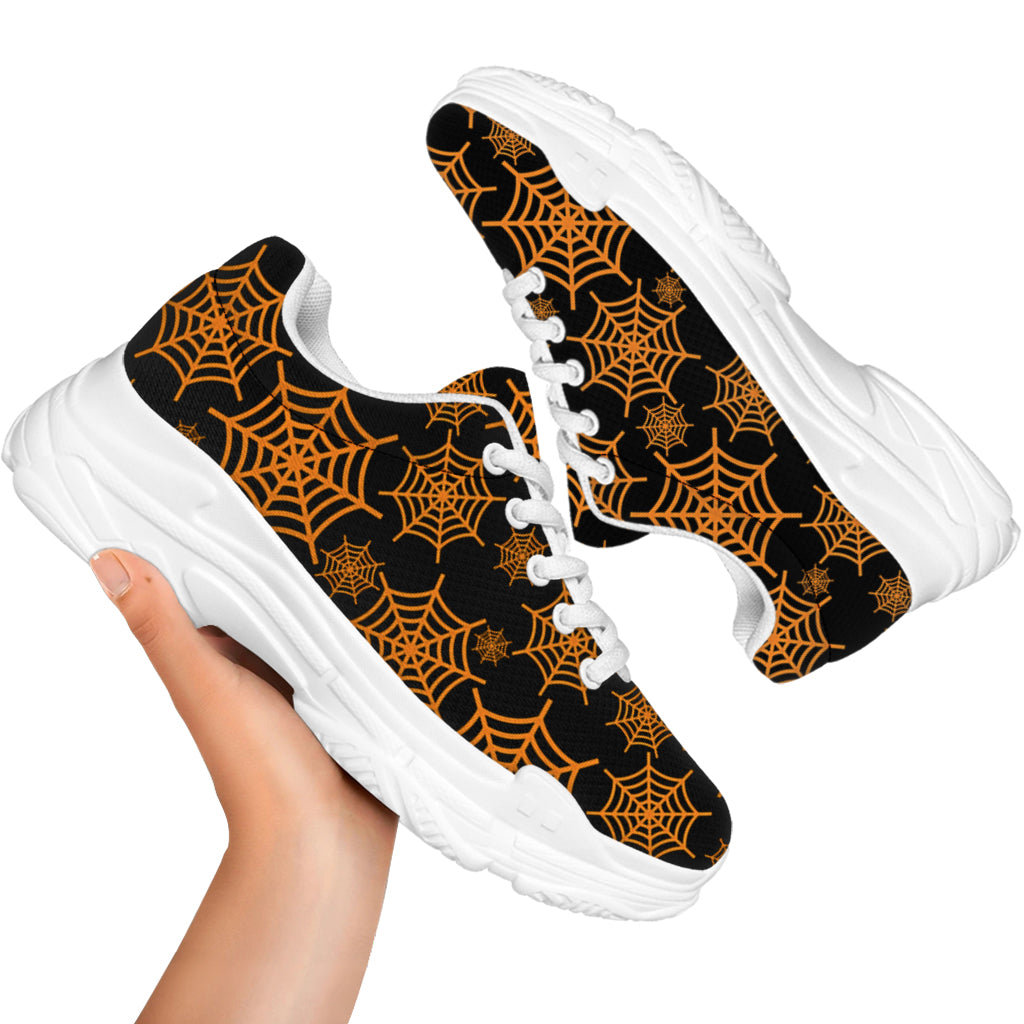 Black And Orange Spider Web Print White Chunky Shoes