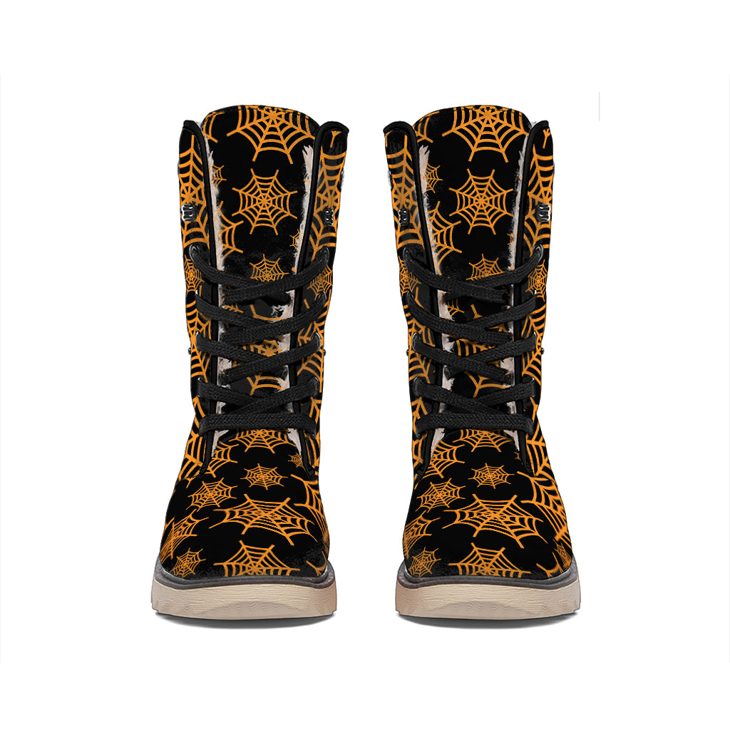Black And Orange Spider Web Print Winter Boots