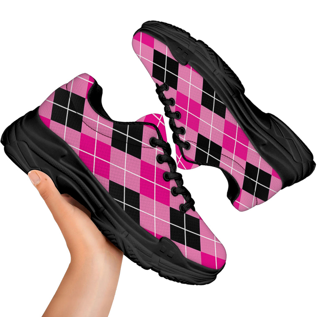 Black And Pink Argyle Pattern Print Black Chunky Shoes