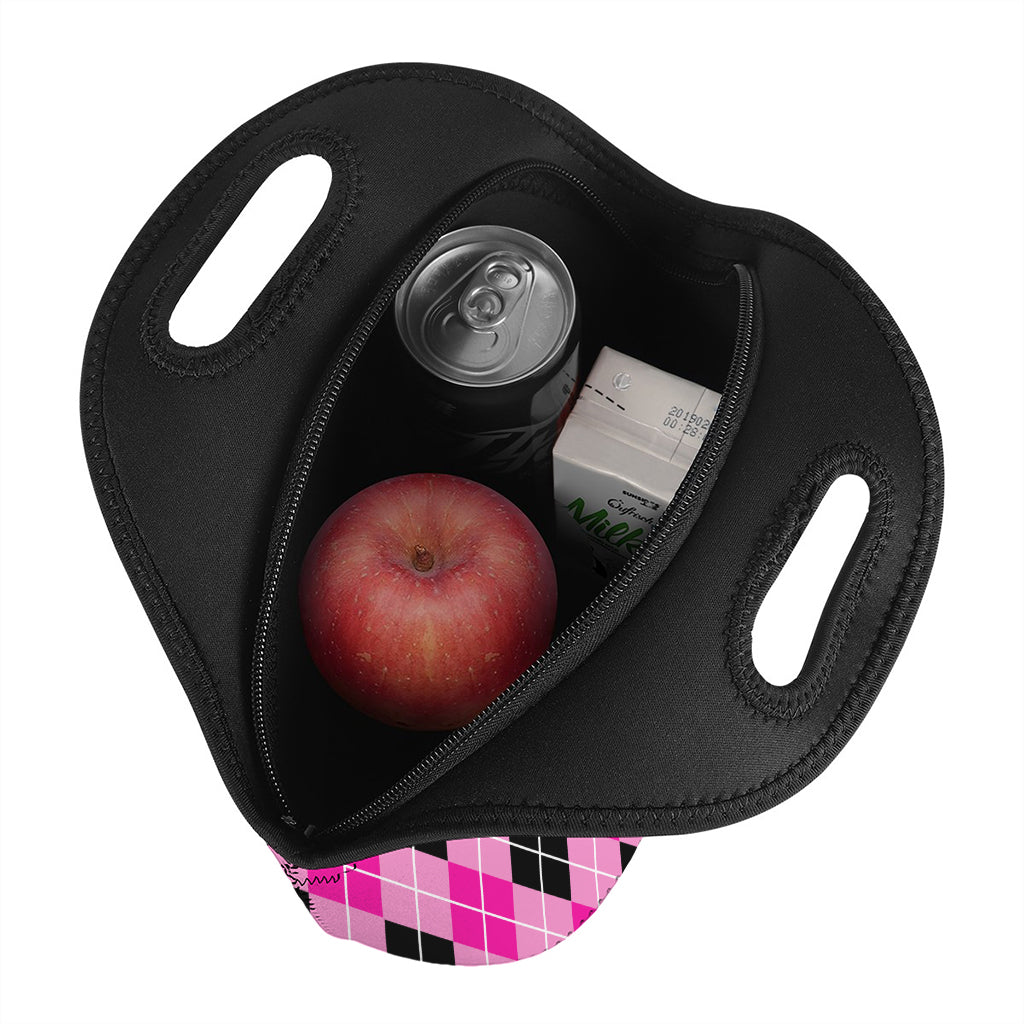 Black And Pink Argyle Pattern Print Neoprene Lunch Bag
