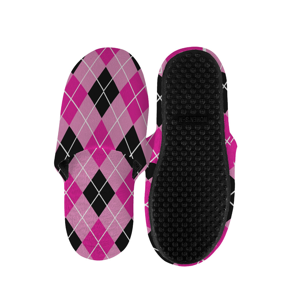 Black And Pink Argyle Pattern Print Slippers