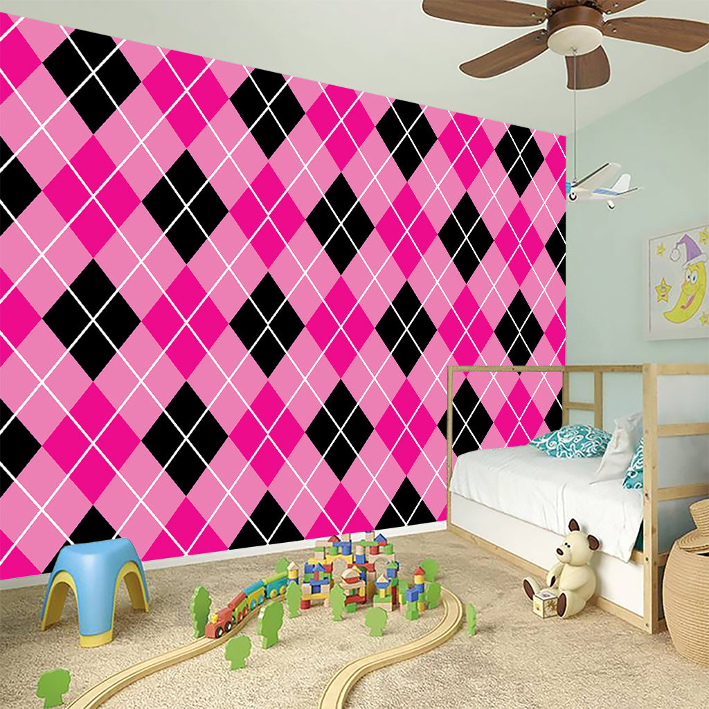 Black And Pink Argyle Pattern Print Wall Sticker