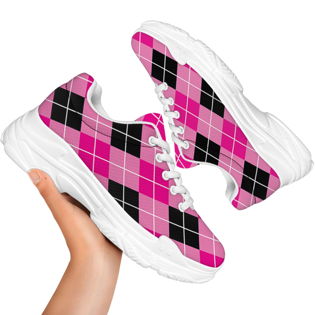 Black And Pink Argyle Pattern Print White Chunky Shoes
