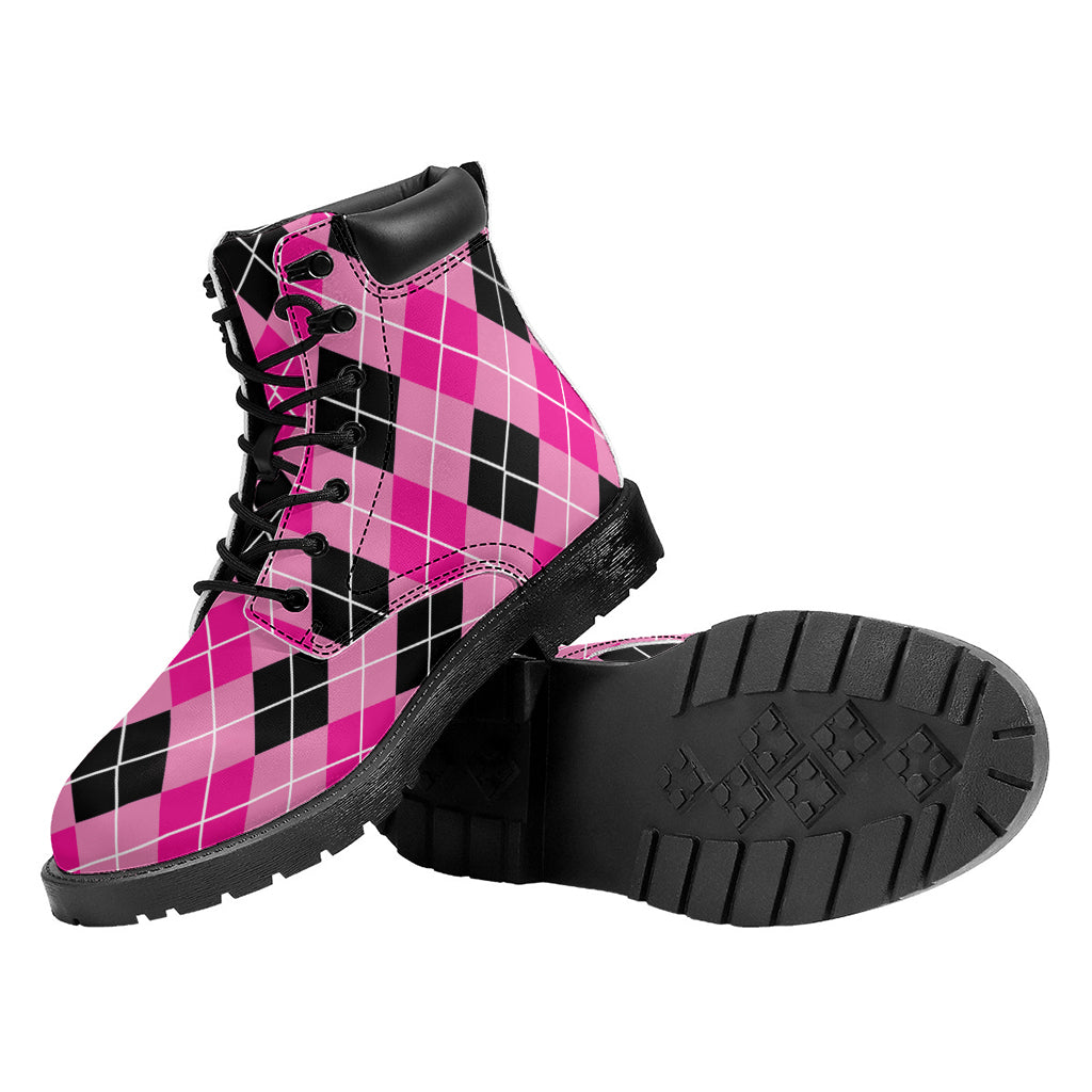 Black And Pink Argyle Pattern Print Work Boots