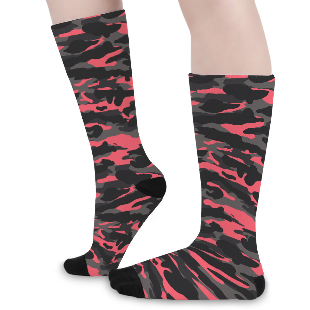 Black And Pink Camouflage Print Long Socks