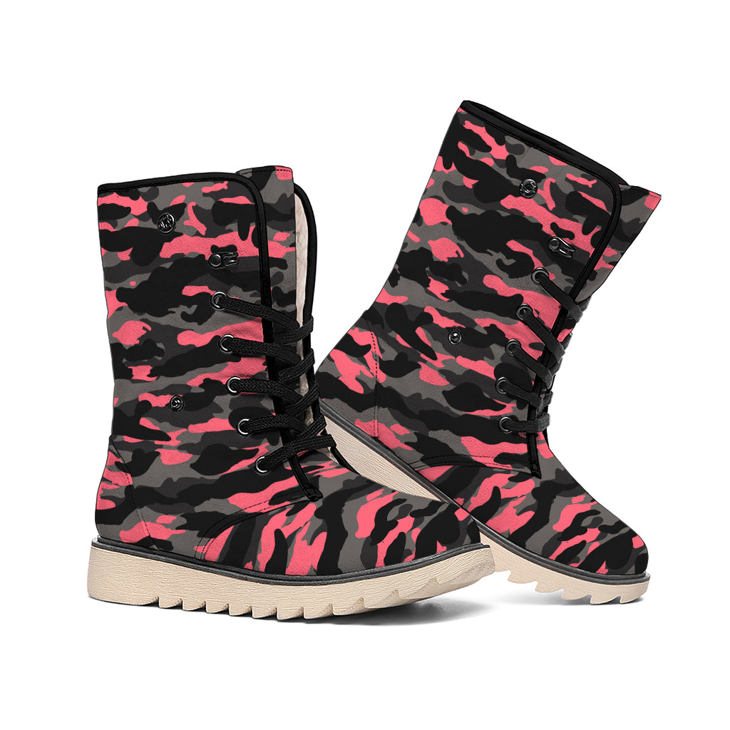 Black And Pink Camouflage Print Winter Boots