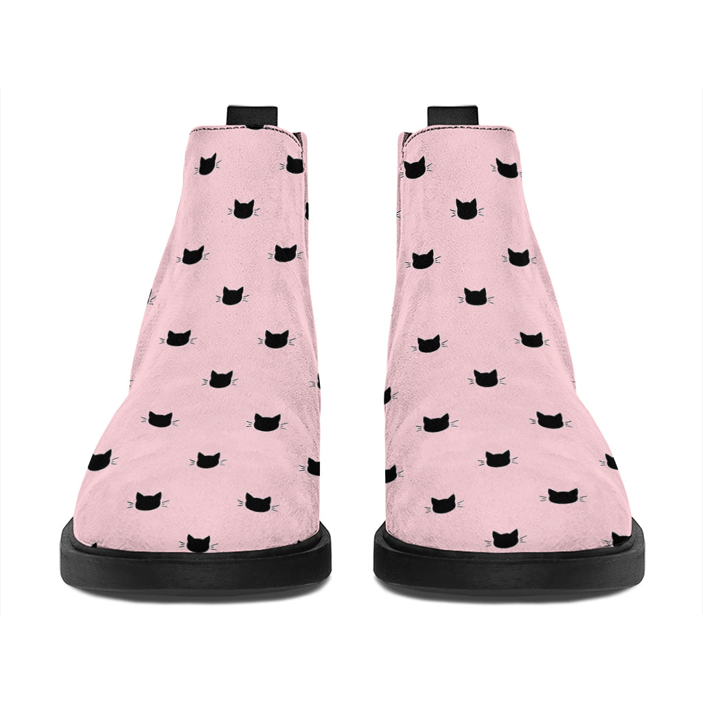 Black And Pink Cat Pattern Print Flat Ankle Boots