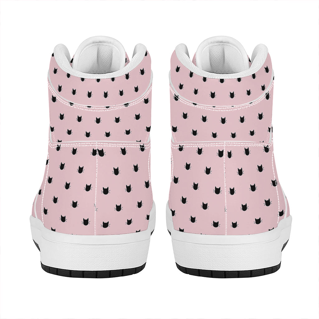 Black And Pink Cat Pattern Print High Top Leather Sneakers