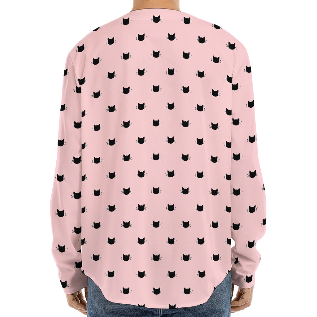 Black And Pink Cat Pattern Print Long Sleeve Baseball Jersey