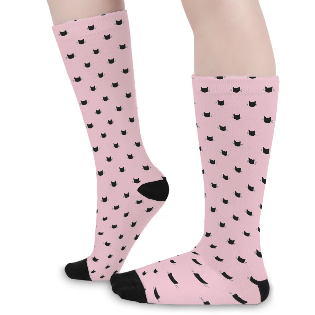 Black And Pink Cat Pattern Print Long Socks