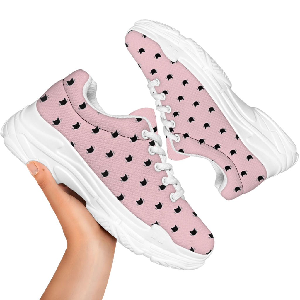 Black And Pink Cat Pattern Print White Chunky Shoes