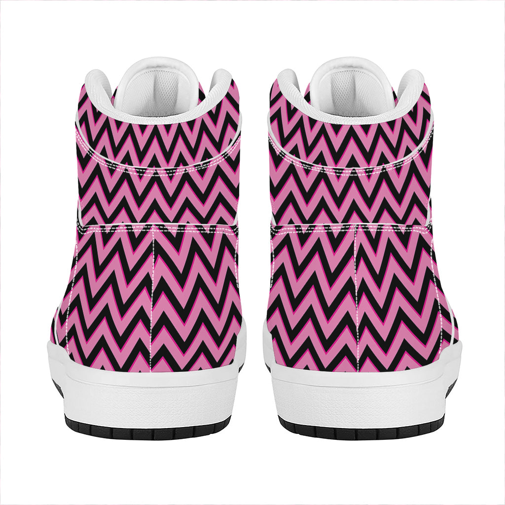 Black And Pink Chevron Pattern Print High Top Leather Sneakers