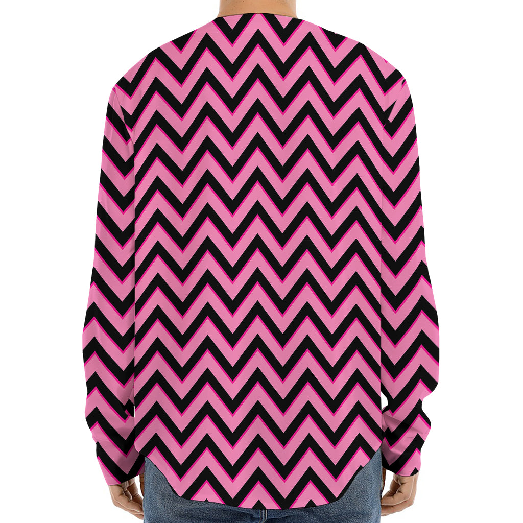 Black And Pink Chevron Pattern Print Long Sleeve Baseball Jersey