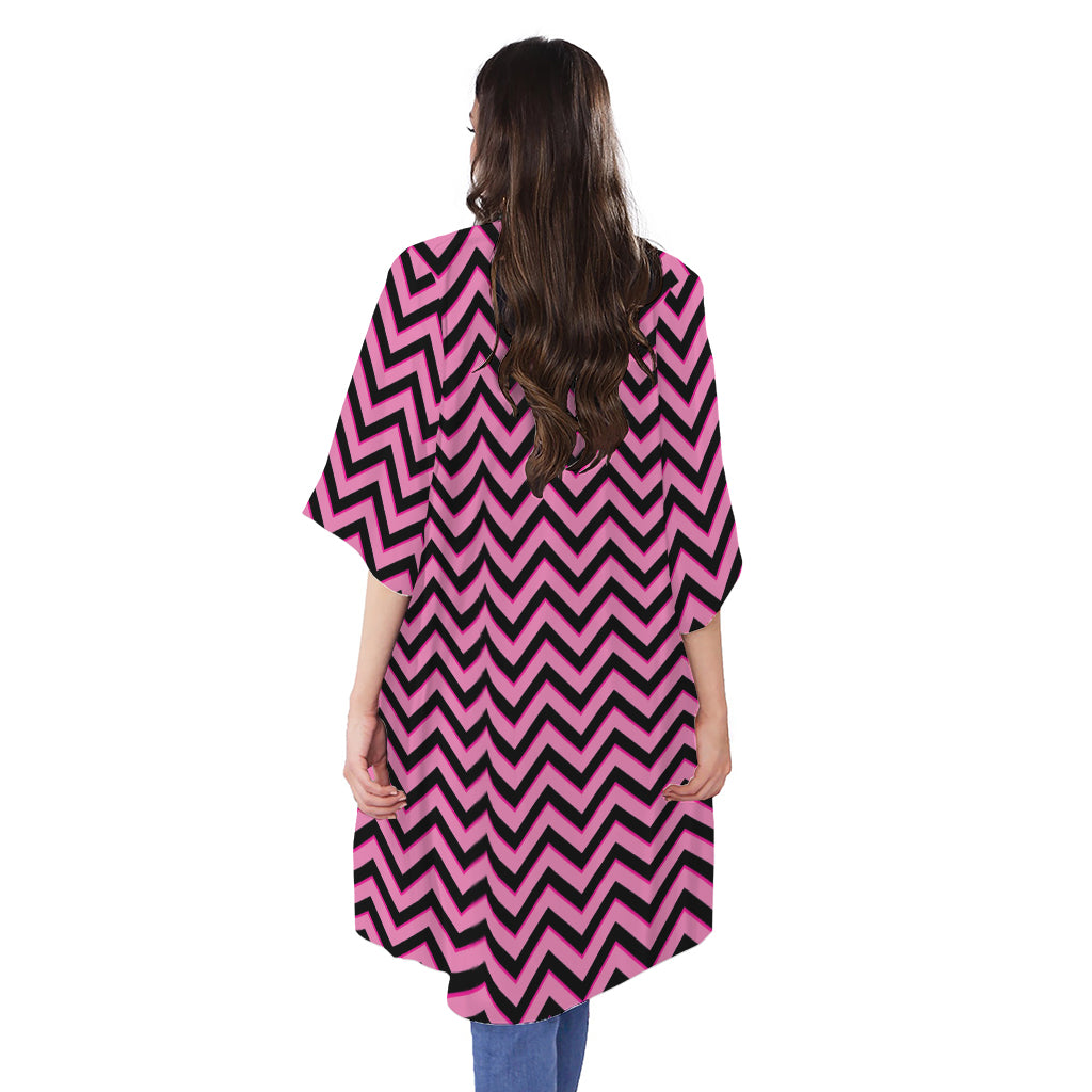 Black And Pink Chevron Pattern Print Open Front Beach Cover Up