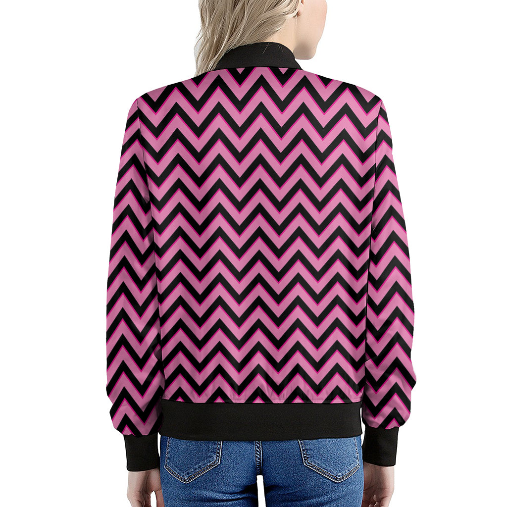 Black And Pink Chevron Pattern Print Women's Bomber Jacket