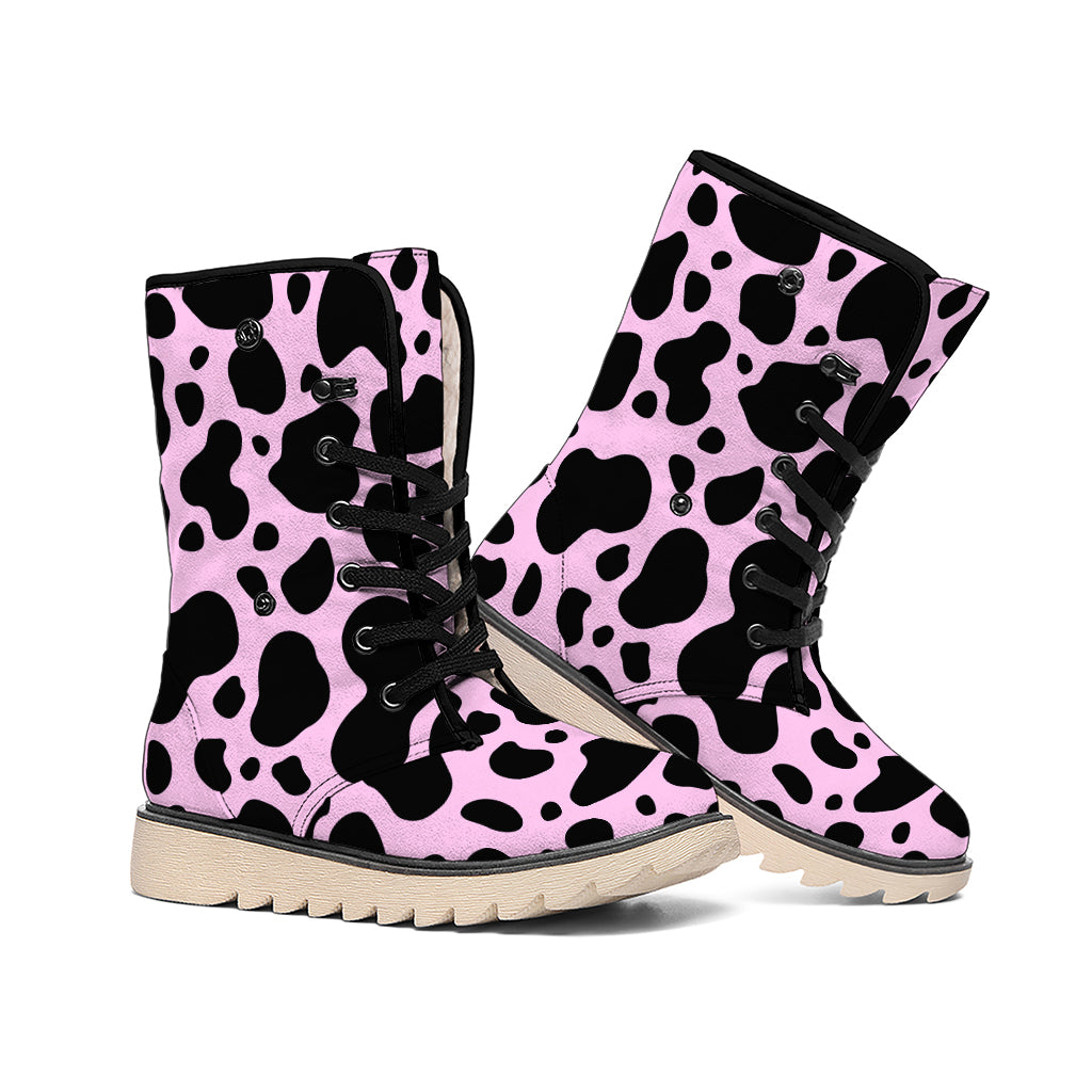 Black And Pink Cow Print Winter Boots