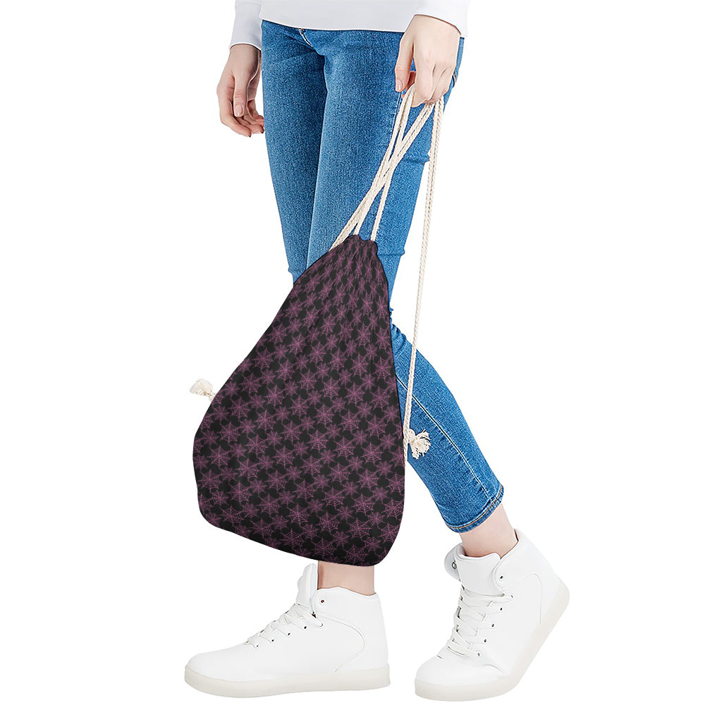 Black And Pink Spider Web Pattern Print Drawstring Bag